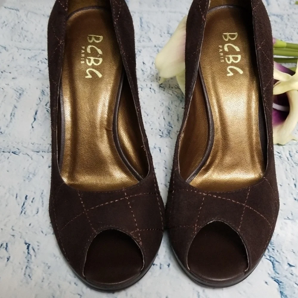 BCBG Suede Peep Toe Platform Heel